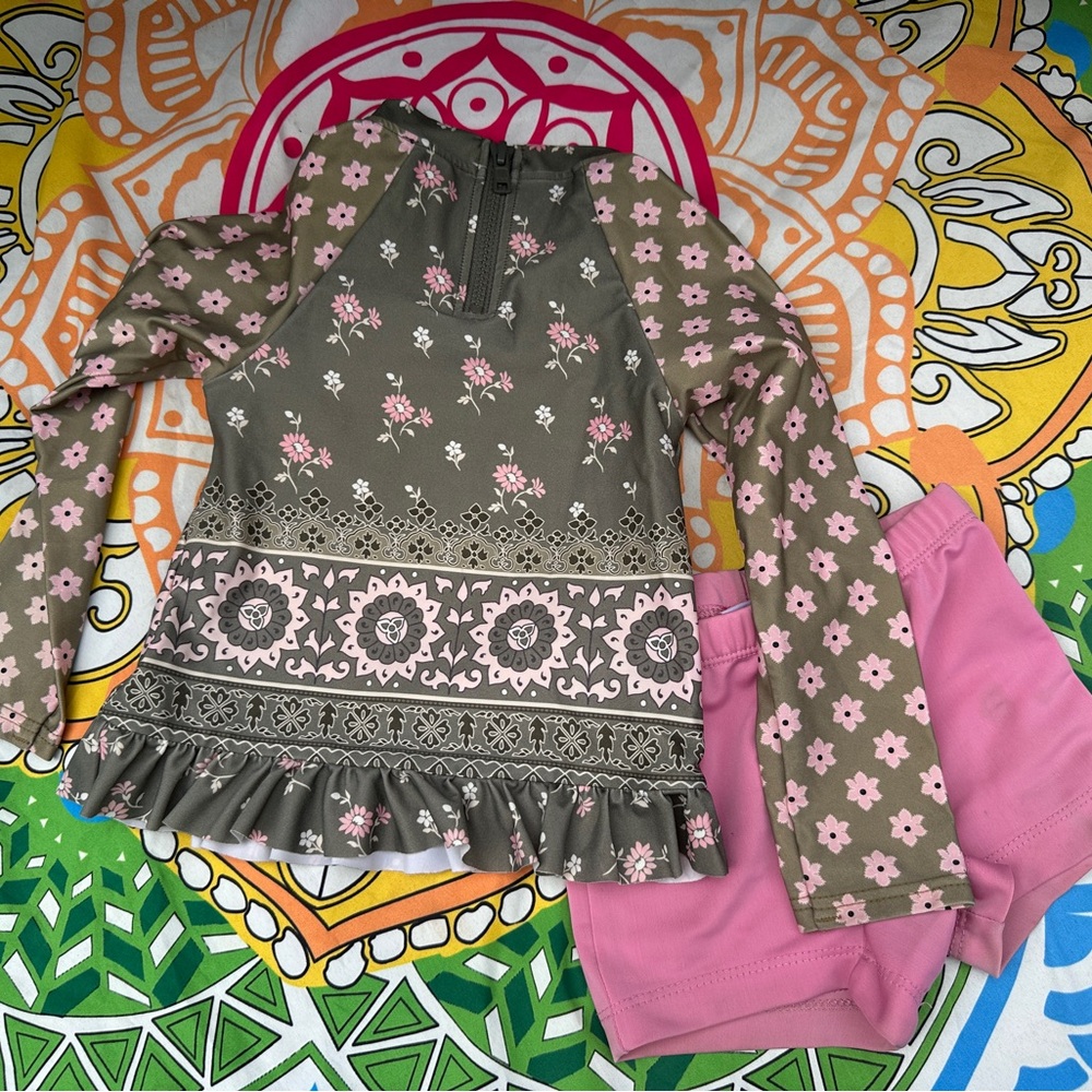 Spell Kids Long Sleeve Swim Tee - Olive and Pink Floral